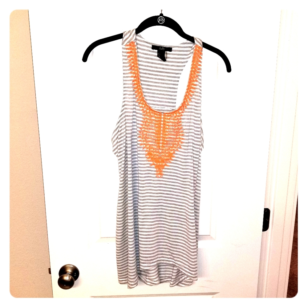 Striped grey and white  tank with orange embroider